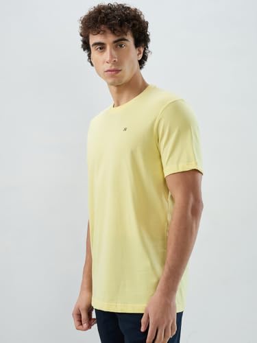 Raymond Men Regular Fit Solid Pattern Pure Cotton Crew Neck Half Sleeve Casual T-Shirt Yellow