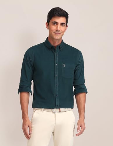 U.S. POLO ASSN. Tailored Fit Corduroy Shirt (USSHT2407_Dark Green_48)