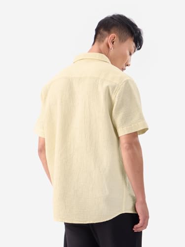 The Souled Store Eggshell White Men and Boys Short Sleeves Collared Neck Button Front Regular Fit Cotton Textured Shirts
