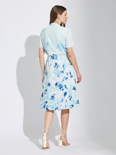 Latin Quarters Women Blue V-Neck Half Sleeves Tie Dye Knee Length A-Line Dress for Casual Wear_XL