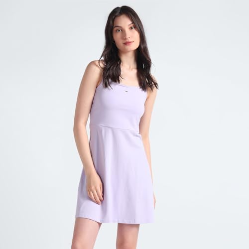 Tommy Hilfiger Cotton Purple Solid Shoulder Straps Shoulder Straps Women Essential Strappy Flare Dress (M)