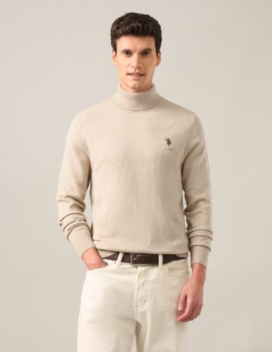 U.S. POLO ASSN. Men's Beige Solid Turtle Neck Long Sleeve Casual Acrylic Regular Fit Pullover Sweater USSWE2253Beige3XL