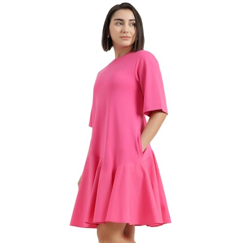 United Colors of Benetton Round Neck Solid Dress (Size : 2XL) - 26P3099W3823I02A Pink