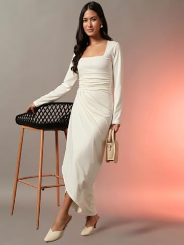 Trend Arrest.ed Women's Draped Bodycon Maxi Dress | Long Sleeve Square Neck Gown | Elegant Ruched Party Dress (Off White,XL)