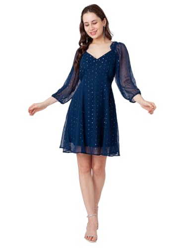 Zink London Women's Blue Self Design A-Line Short Dress