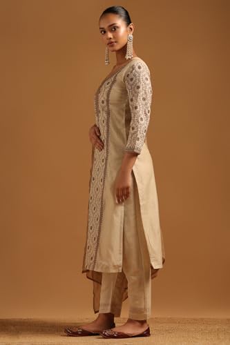 Soch Womens Beige Mul Chanderi Botanical Salwar Suit With Machine Embroidery and Thread Work