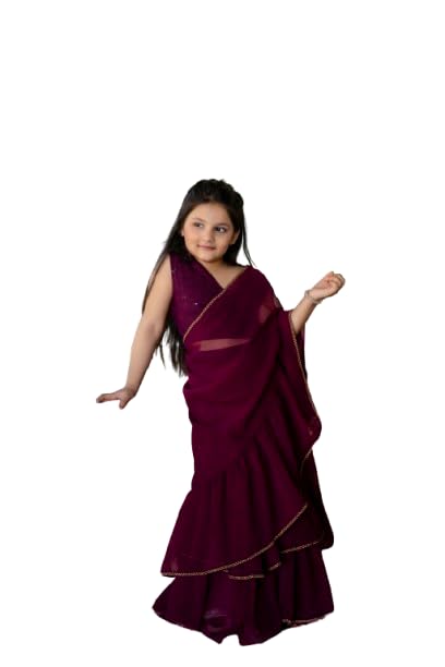 Jaipurite Kids Festive Designer Ruffle Saree Lehenga with Choli | Stylish Indian Wear for Girls (Wine, 9-10 Y)