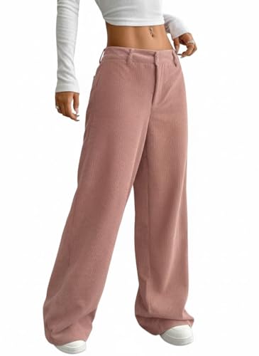 SMOWKLY Women's Corduroy Mid Rise Wide Leg Sweatpant with Pocket || Loose & Relaxed Fit Casual Korean Baggy Trousers for Woman Elegant Workwear for Office, College & Events(1678_PCH_M) Peach