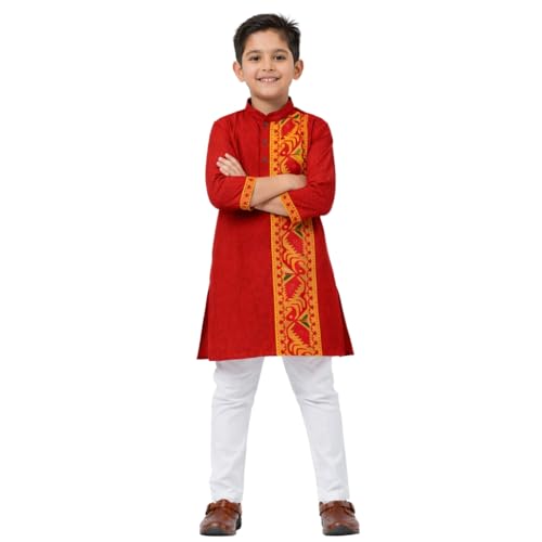 PEKABU Kurta Pajama for Kids Boys – Jamdani Border Kurta with Elastic Waist Pyjama Set, 1-12 Years (Red, 6-7 Years)