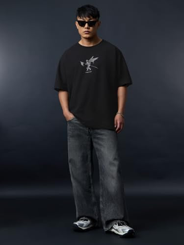 The Souled Store Linkin Park: Hybrid Theory Men and Boys Short Sleeves Round Neck Black Graphic Printed Casual Lightweight Drop Shoulder Streetwear Trendy Cotton Oversized T-Shirt