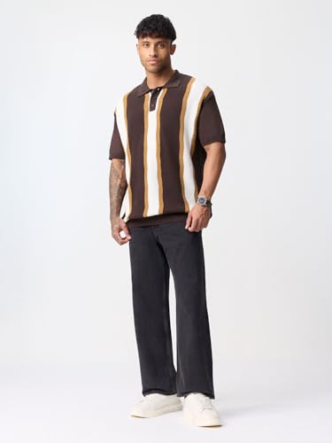 The Souled Store: Jacquard Polo Chestnut Men and Boys Short Sleeve Spread Collar Dark Brown Jacquard Knit Vertical Stripe Pattern Cotton Regular Fit Casual Everyday Polo Shirts