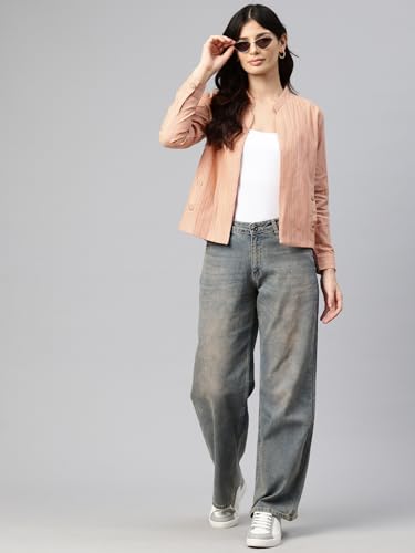 Cottinfab Women Peach-Coloured Striped Lightweight Open Front Casual Blazer
