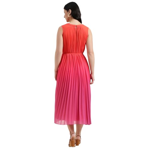 United Colors of Benetton Regular Fit Round Neck Ombre Pleated Dress (Size : L) - 26P4WVNDR328I901 Red
