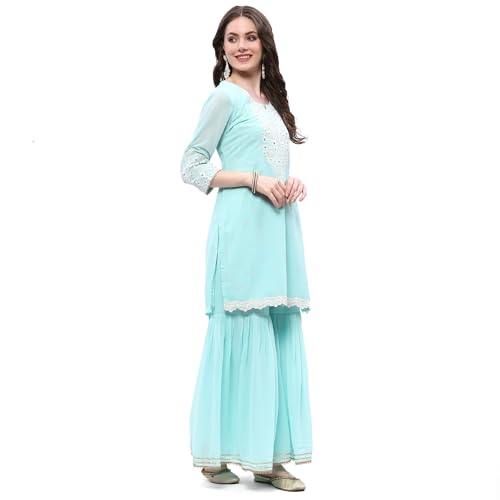 Rangriti Women Polyester Embroidred Straight Suit Set(FESTIVE19114_Blue_S)