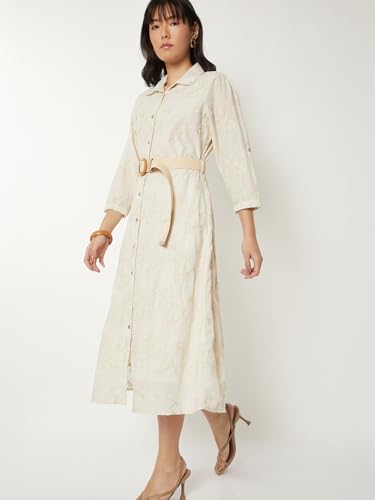 Max Women Embroidered Shirt Dress with Belt (Beige_XXL)