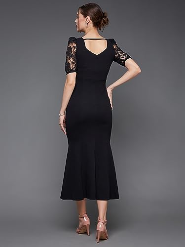 Miss Chase Women's Square Puff Sleeve Solid Lace Overlaid Ankle Length Dress (MCSS23D79-01-62-05, Black, L)