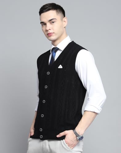 Monte Carlo Mens Self Design Black V Neck Sleeveless Cardigan_1243147SC-901