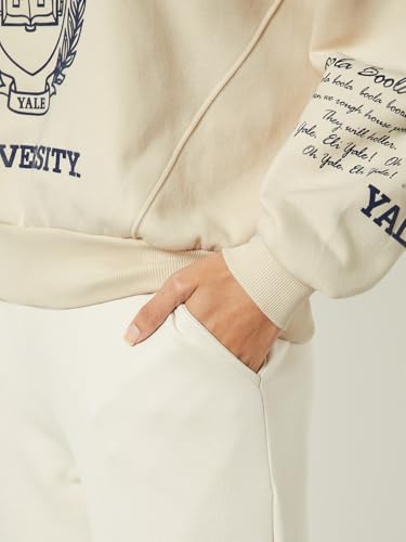 Women Boxy Fit Chenille Embroidered Sweatshirt (Beige_XS)