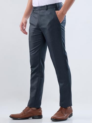 Raymond Men Slim Fit Structure Pattern Polyester Blend Flat Front Formal Trouser Dark Blue