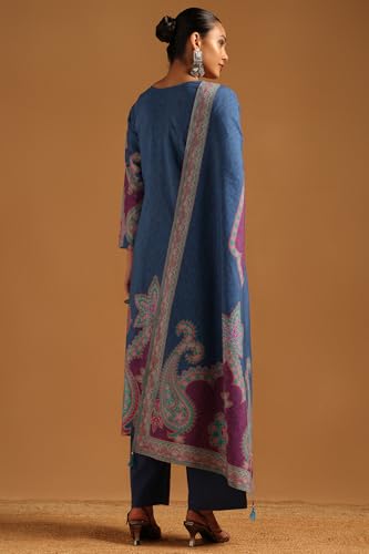 Soch Womens Blue Cotton Botanical Salwar Suit With Sequins