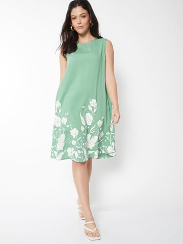 Max Women Floral Print A-Line Dress (Green_S)