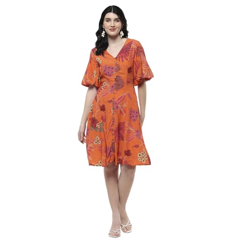Biba Women's Viscose Flared Mini Dress (SPIOT2949SS25ORG_Orange