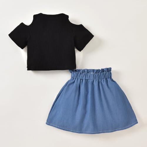 Hopscotch Girls Cold-Shoulder Sleeves Black 2-Pc Oversized Bow Blouse & Skirt (12-24 Months)