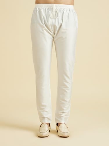 Manyavar Men's Viscose Blend Self Design Kurta Pyjama Set (Warm White,L)