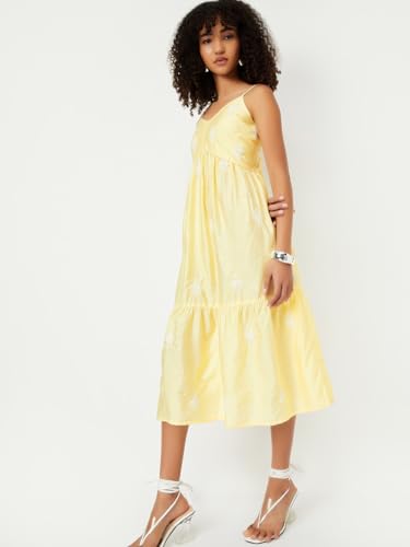 Max Women's Polyester A-Line Midi Dress (TL55002_Lemon
