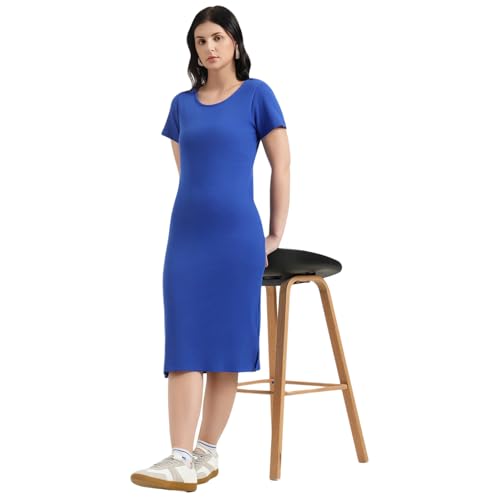 United Colors of Benetton Round Neck Solid Bodycon Dress (Size : M) - 26P3RYCD400YI19R Blue
