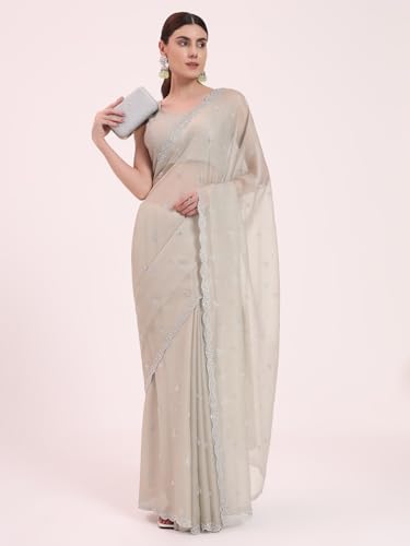 FIORRA Women's Light Grey Organza Crushed Siroski Work Embellished Border Saree With Unstitched Blouse