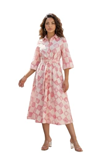 W for Woman Off-White Floral Printed Cotton Flax Flared Shirt Dress with Belt - (W13748-127069-S)