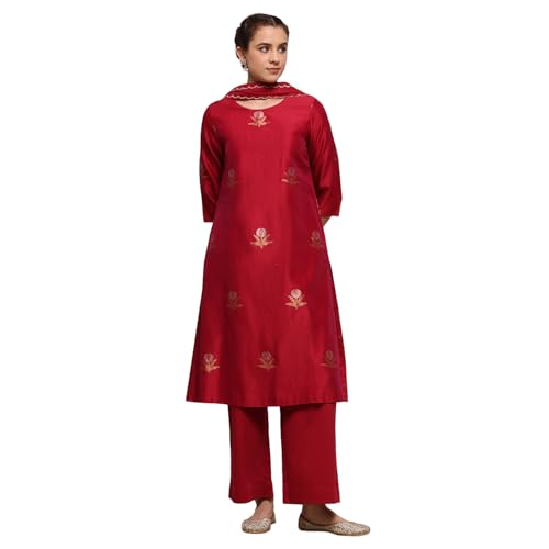 Biba Women Red Chanderi Relaxed Dyed Kurta Pants Set_32