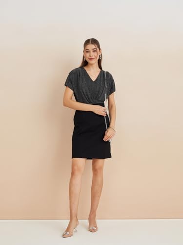 Latin Quarters Women's Black V-Neck Cap Sleeves Solid Party Bodycon Dress_M