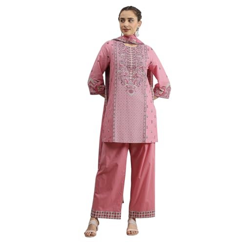 Biba Women's Light Pink Cotton Straight Printed Suit Set