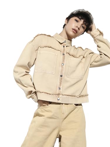 ONLY Women's Self Design Loose Fit Beige Jacket