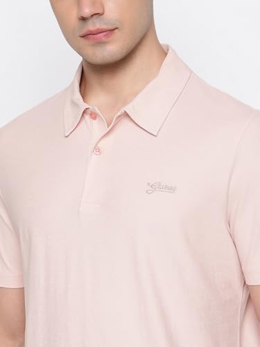 GUESS Small Script Dolly Pink Solid Polo Collar Regular Fit T-Shirt