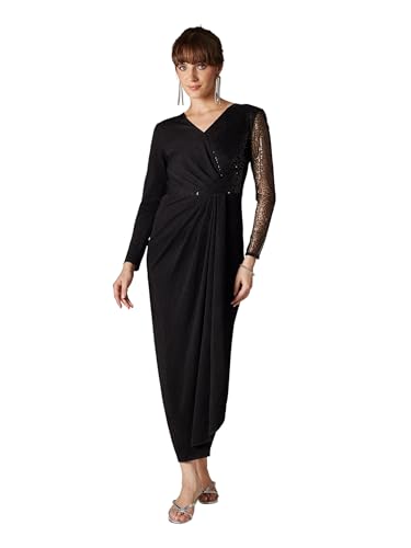 Miss Chase Women's V-Neck Full Sleeve Embellished Pleated Longline Dress (MCAW25D88-40-62-03, Black, S)