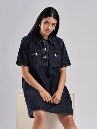 Calvin Klein Jeans Women's Cotton A-Line Above The Knee Casual Dress (47B073G401_Dark Ck Blue