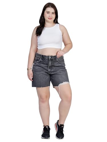 Plus Size Women REGULAR FIT Denim Shorts( Bermuda )- Length 17.5" inch- MID RISE-NON-STRETCH- Rugged - Faded Blackish Grey color- Waist Size (L)32 to (3XL)38 inch (IN, Alpha, XL, Faded Blackish Grey)
