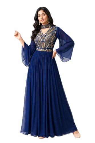 Navy Blue Embroidered Anarkali Gown with Gold Sequin Work