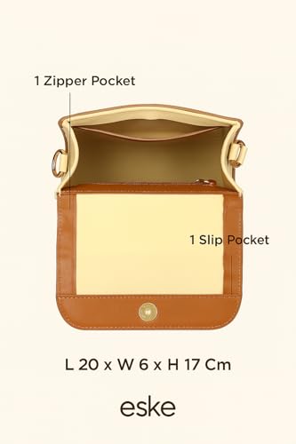 eske Viviana Colorblocked Pattern Genuine Leather Women Flap Satchel (Cognac Vanilla)
