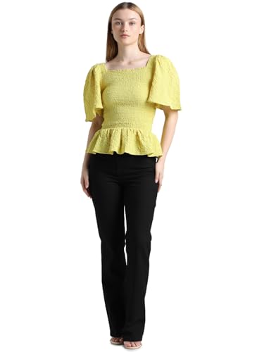 ONLY Women Self Design Polyester Blend Fit & Flare Yellow Peplum Top
