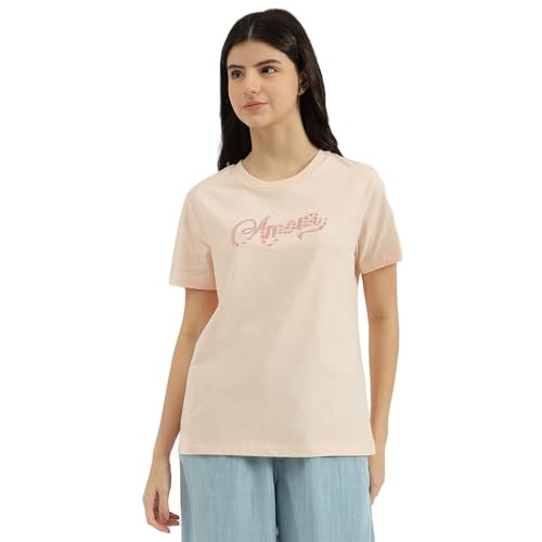 United Colors of Benetton Round Neck Embroidered T-Shirt (Size: S)-25P3099W3F06IP13 Peach