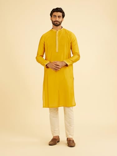 Manyavar Men's Viscose Blend Honeycomb Embroidery & Sequins Kurta Jacket Set (Mustard,L)