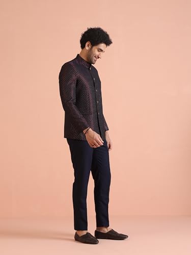 KISAH Men's Jodhpuri Bandhgala-Blazer Trouser Set, Magenta Silk Blend, Woven Design Regular Fit Mandarin Collar Long Sleeves (38)