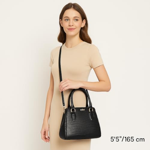 eske Mira Vegan Leather Handbag, Animal Print Pattern, Dual Compartment, Detachable Sling Strap (Black)