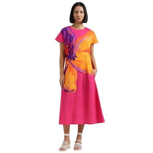 United Colors of Benetton Regular Fit Round Neck Floral Dress (Size : M) - 26P4WVNDR3X7I901 Pink