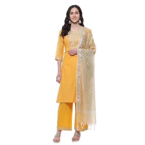 BIBA WOMEN EMBROIDERY STRAIGHT SALWAR KURTA DUPATTA(SKDRIVAYAT9538_MUSTARD_34)