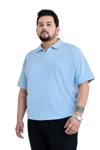 SNITCH Plus Size Men Polo T-Shirt | Modern Buttonless Open Cuban Collar & Short Sleeve | 100% Breathable Cotton Pique Knitted Fabric for Casual Wear & Everyday Comfort | Light Blue